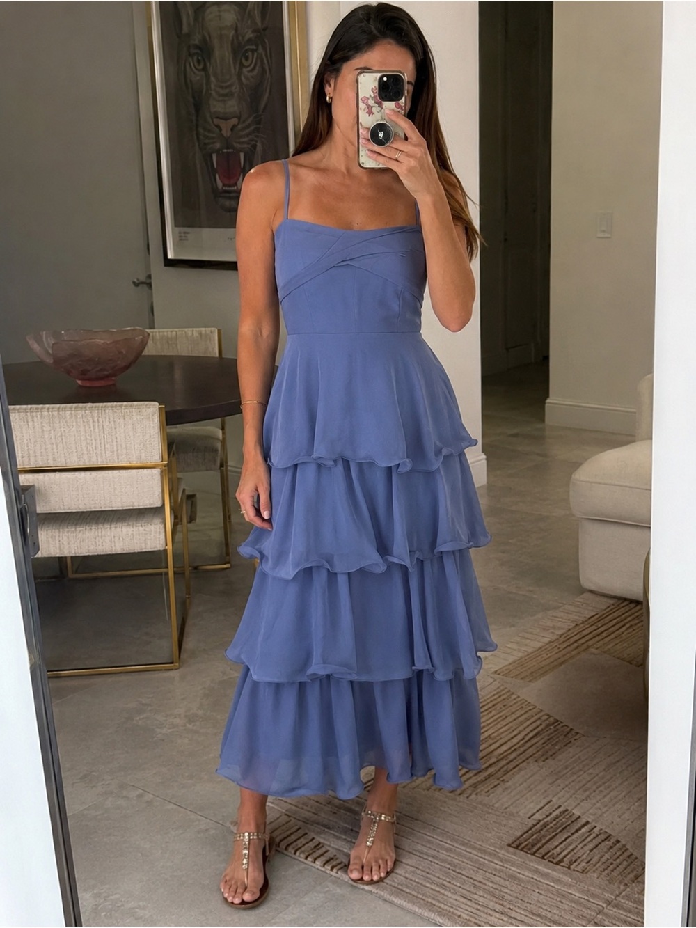 Tiered Spaghetti Strap Midi Dress in Periwinkle Blue